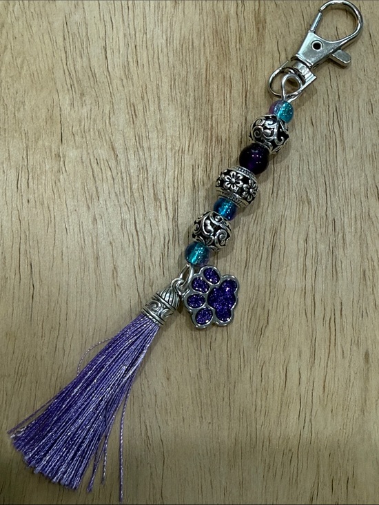 Handmade Accessories - Purple Tassel Paw Bead Keychain with Silver Accents
